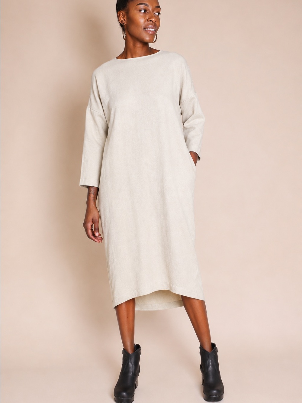 Black Crane Oversized Woven Cocoon Dress One Size Cream